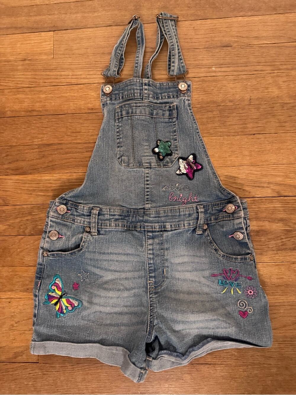 Jordache Girls Denim Embroidered Sequin Overalls Shorts - Size XL (14-16)
 b48